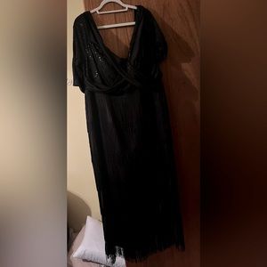 Giffniseti 4X Formal Gown Black Off Shoulder Sequins  Fringe